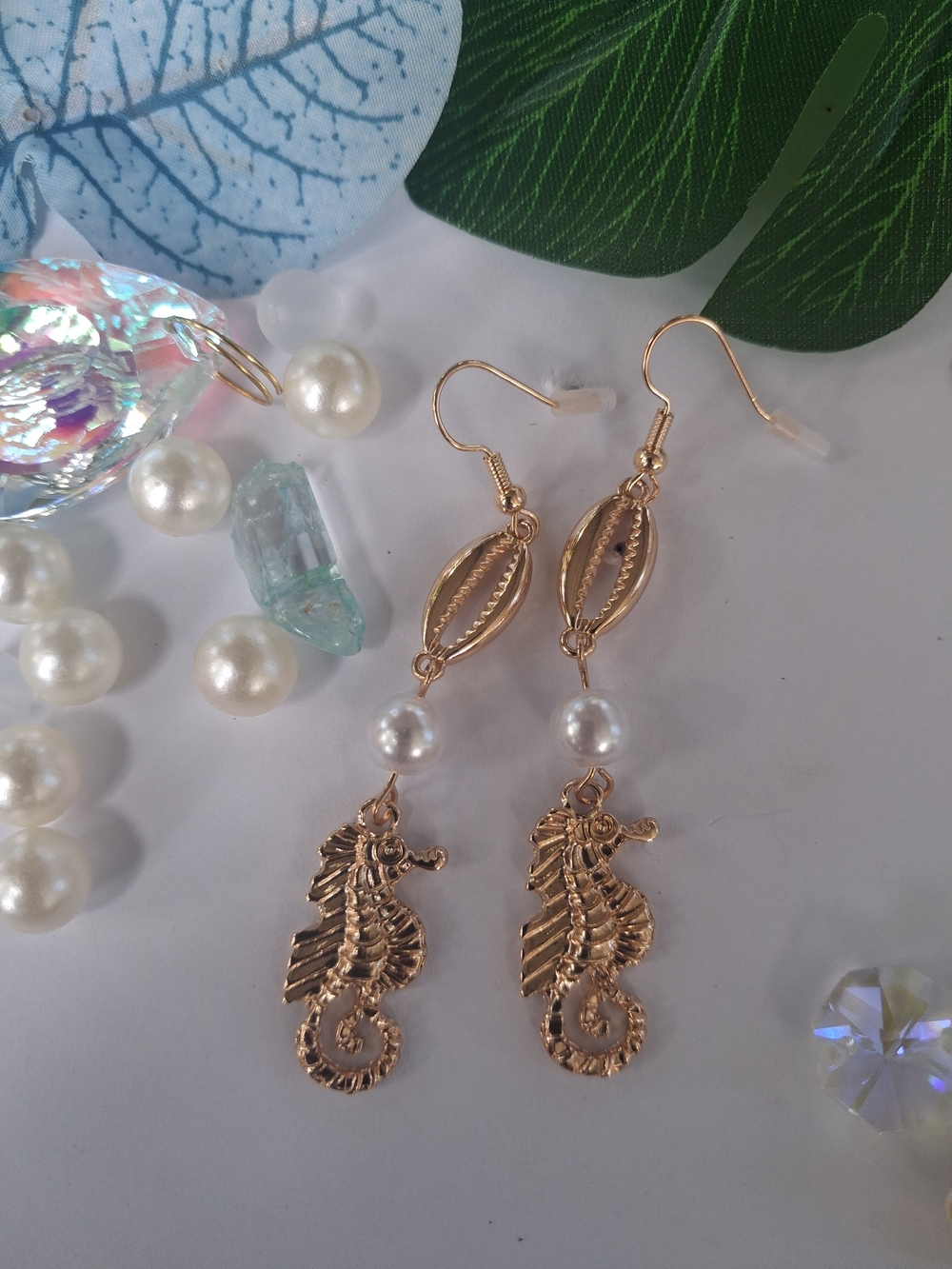 Gold Seahorse Drop Earrings with Pearls - Women Jewelry